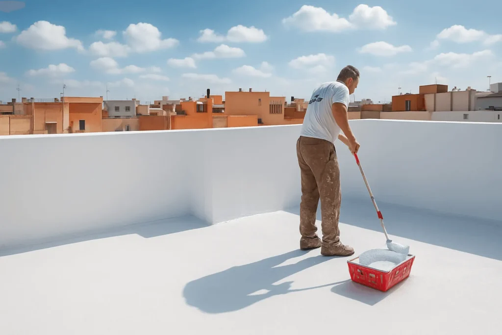 فني يقوم بدهان طبقة عزل بيضاء اللون على سطح منزل. يعكس هذا العمل جودة خدمات العزل