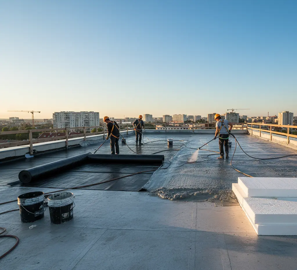 فريق تابع لشركة عزل اسطح بالدمام يقومون بعزل سطح مبنى