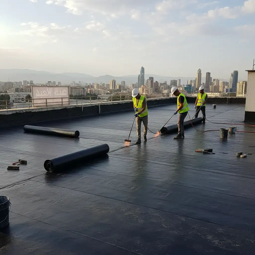 عمال يقومون بتركيب لفائف بيتومينية لعزل سطح مبنى في الدمام