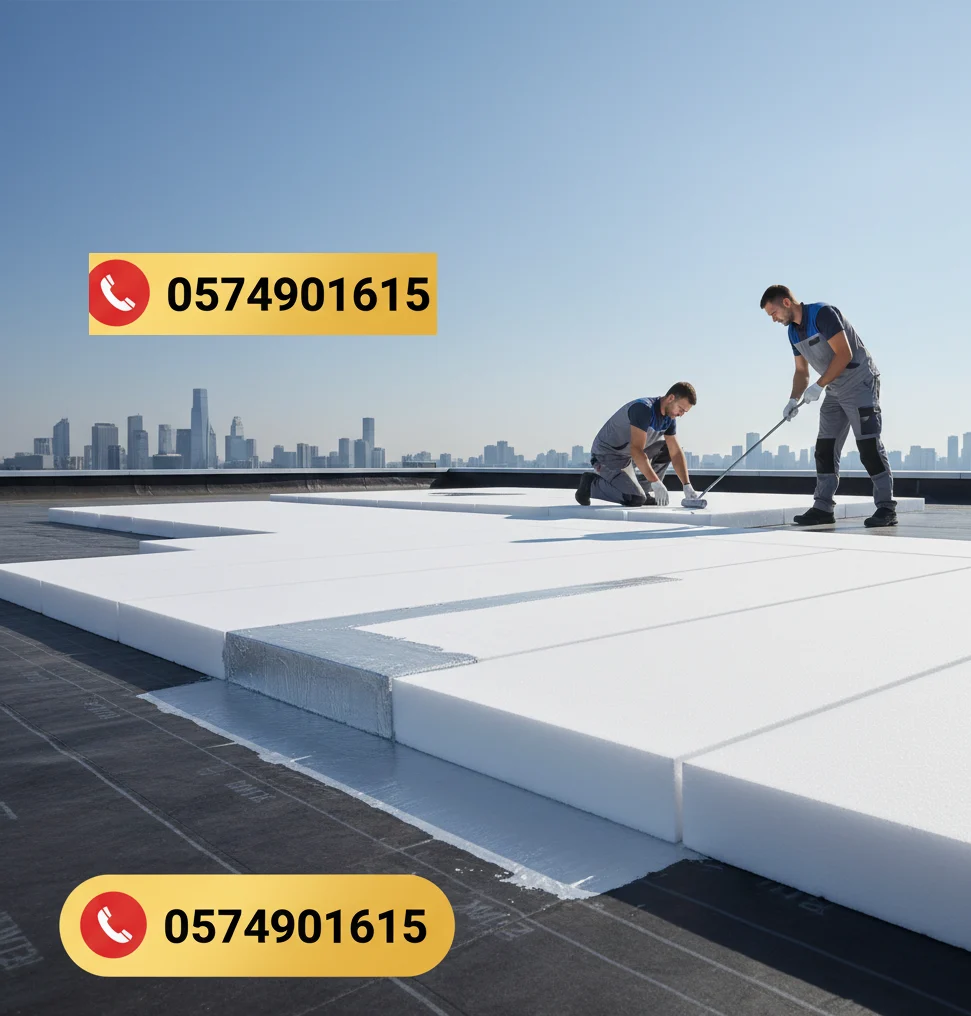 عاملين من شركة عزل اسطح بالدمام يقومان بتركيب ألواح عزل فوم حراري على سطح مبنى