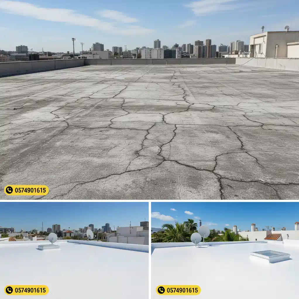 الفرق بين سطح متشقق قبل العزل وسطح أبيض بعد تنفيذ العزل في الدمام