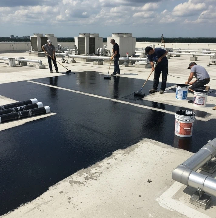 عمال يقومون بتطبيق طبقة عزل مائي سوداء على سطح مبنى باستخدام أدوات الدهان، ضمن أعمال شركة عزل اسطح بالدمام