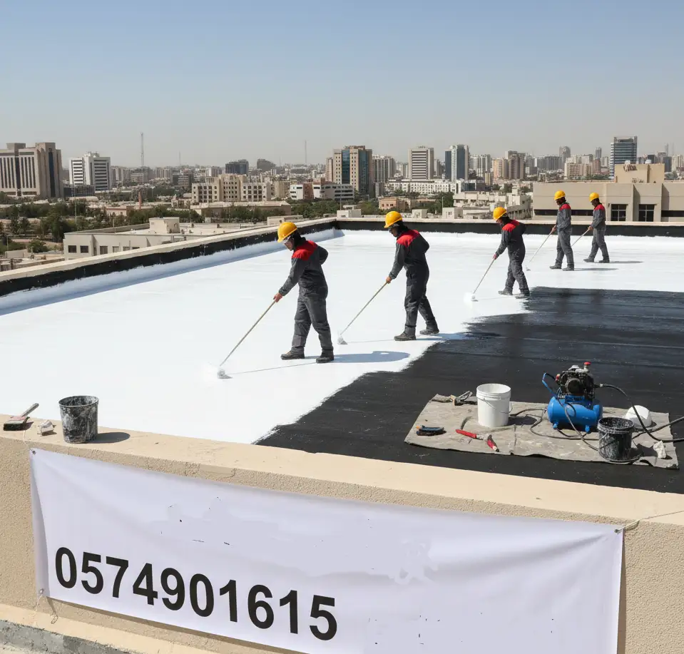 فريق من العمال يرتدون زي موحد وخوذات صفراء يطبقون طبقة بيضاء على سطح مبنى