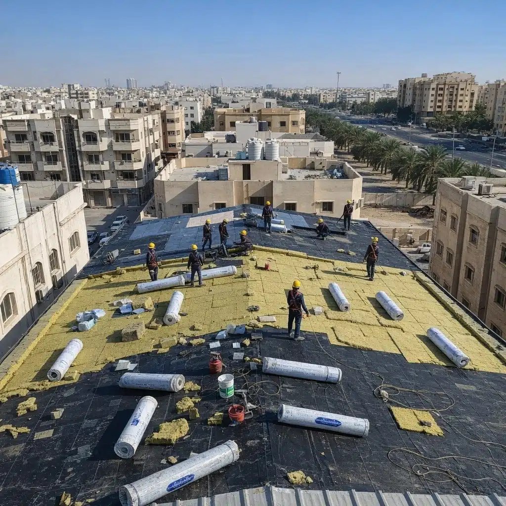 فريق عمال يقوم بتركيب عزل حراري بالصوف الصخري وعزل مائي بالبيتومين فوق سطح مبنى سكني في المنطقة الشرقية