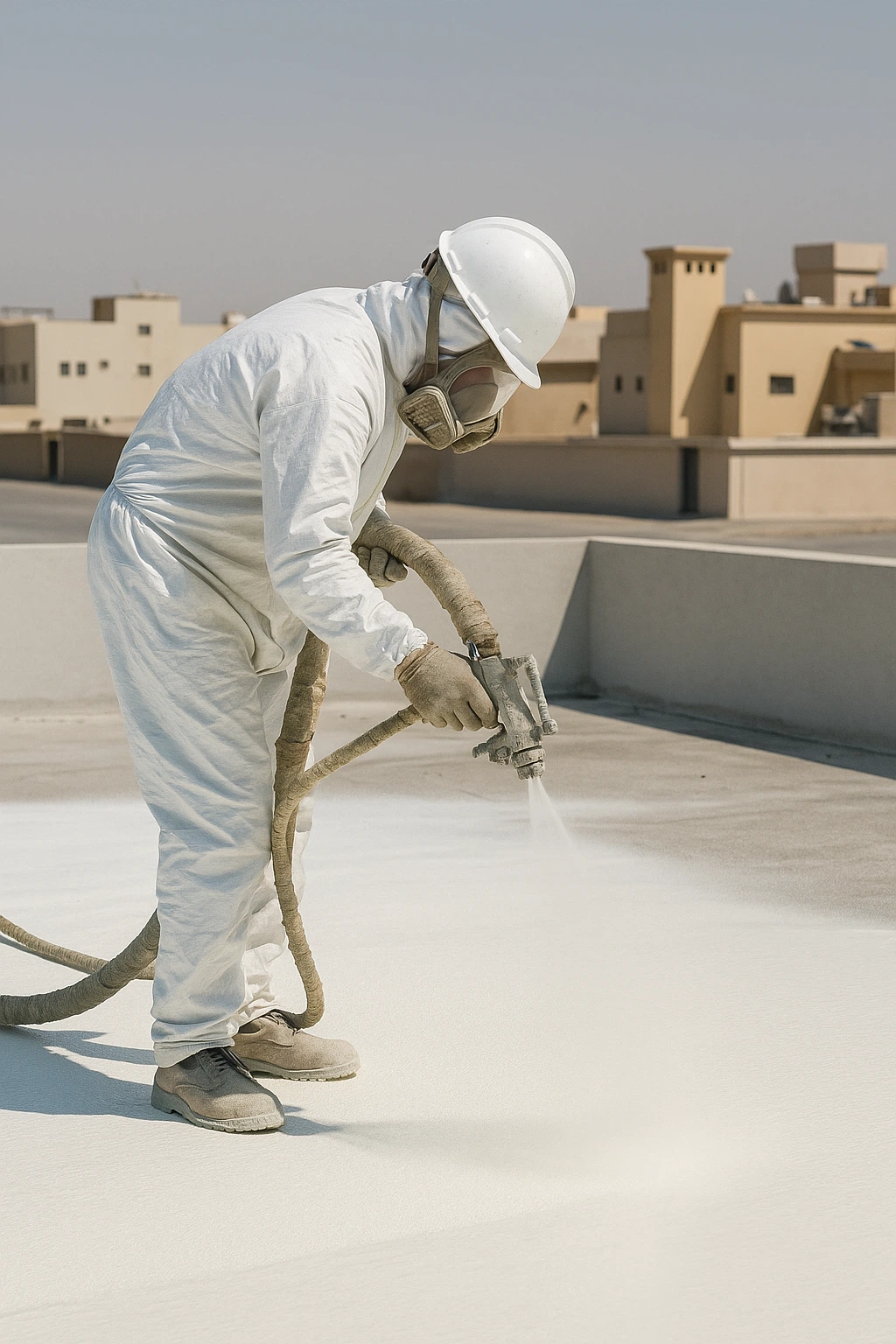 عامل يرش مادة الفوم الأبيض لعزل الأسطح في الدمام