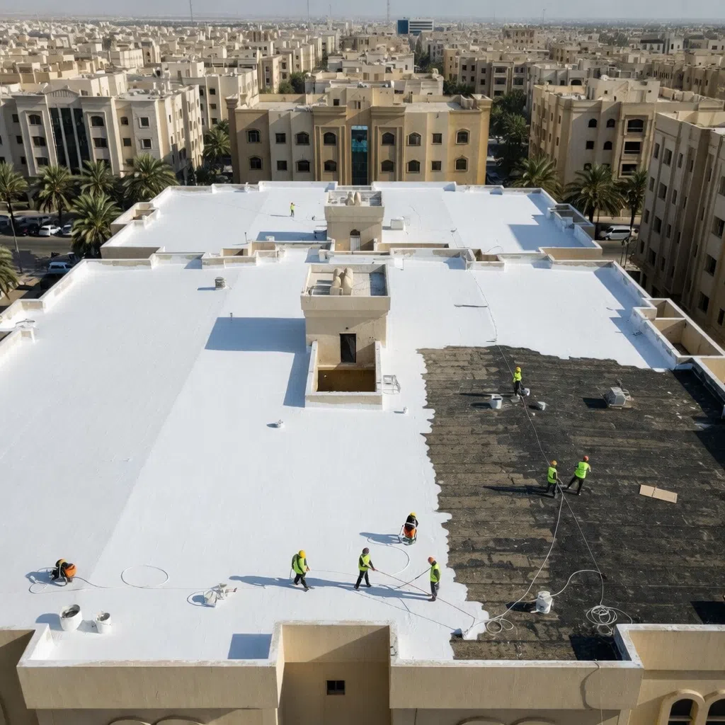 صورة جوية لفريق عمال ينفذ عزل مائي أبيض على سطح مبنى كبير لحمايته من تسرب المياه