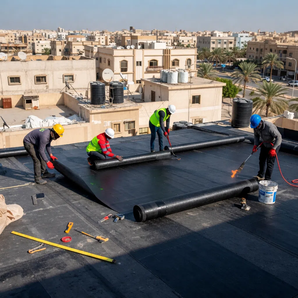 فريق عمال ينفذ عزل مائي بالبيتومين فوق سطح مبنى سكني باستخدام لفائف العزل وشعلة حرارية