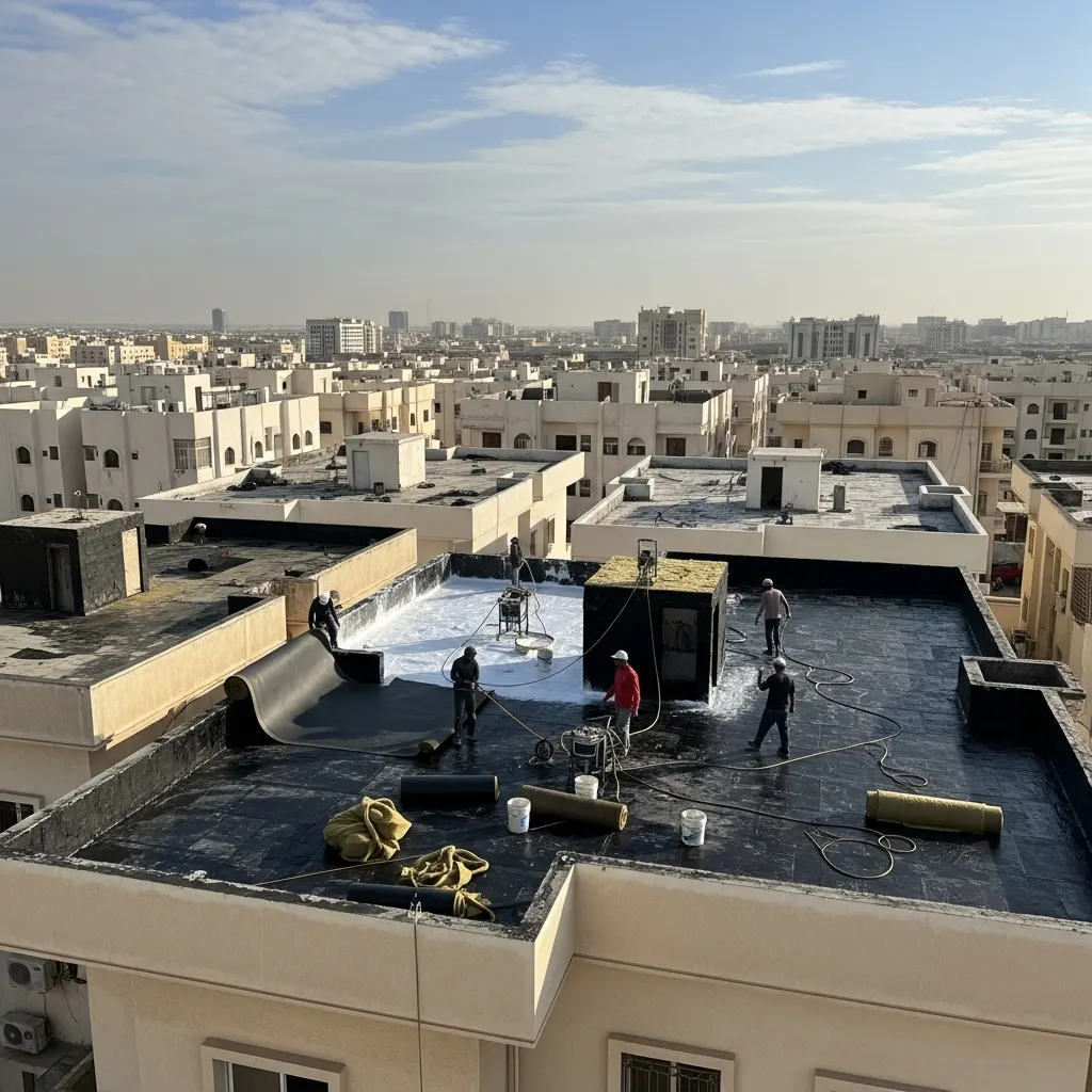 لقطة علوية واسعة تُظهر فريق عمل يقوم بتطبيق مواد عزل مائي وحراري على سطح مبنى كبير