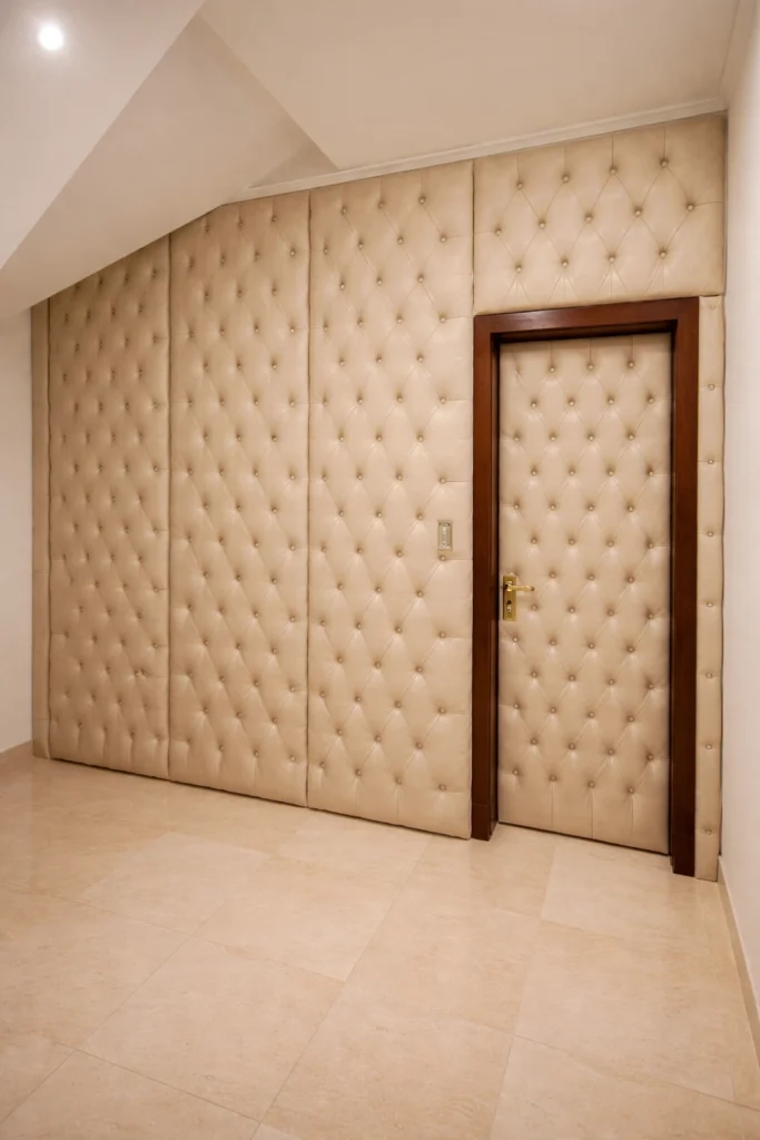 جدار وباب مبطنان بتنجيد جلدي فاخر بتصميم كابتونيه مع إطار خشبي وأرضية رخامية