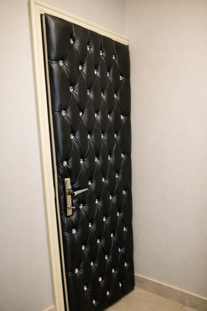 باب عازل للصوت مبطن بجلد فاخر بتصميم كابتونيه وأزرار كرستالية مع إطار فاتح