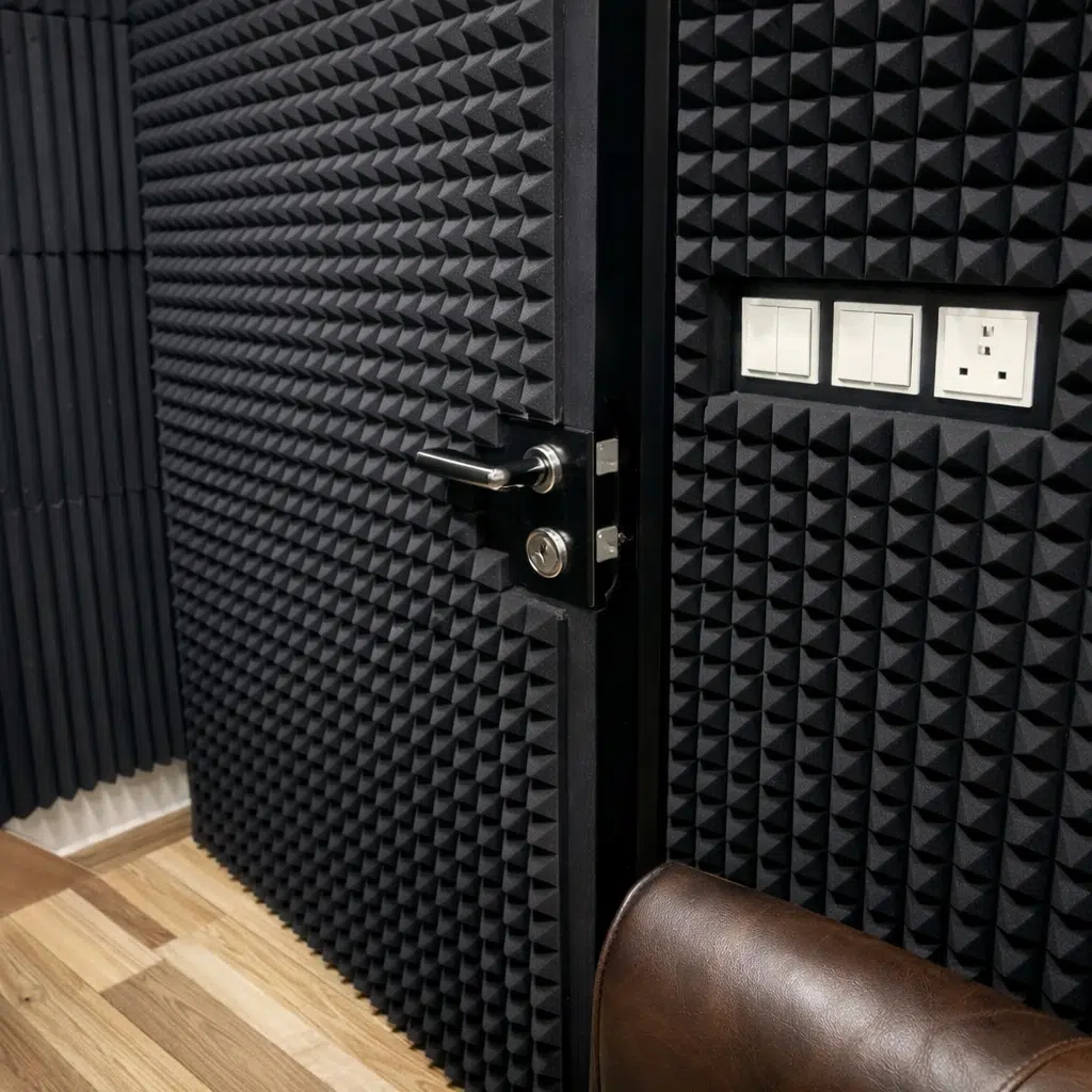 غرفة عزل صوت بجدران مغطاة بفوم هرمي مع باب عازل ومقبض معدني وأرضية خشبية