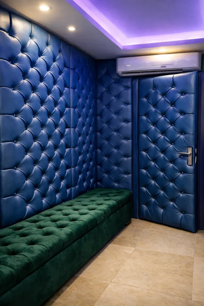 غرفة عزل صوت حديثة بجدران مبطنة كابتونيه مع إضاءة سقف LED مخفية ومكيف جداري