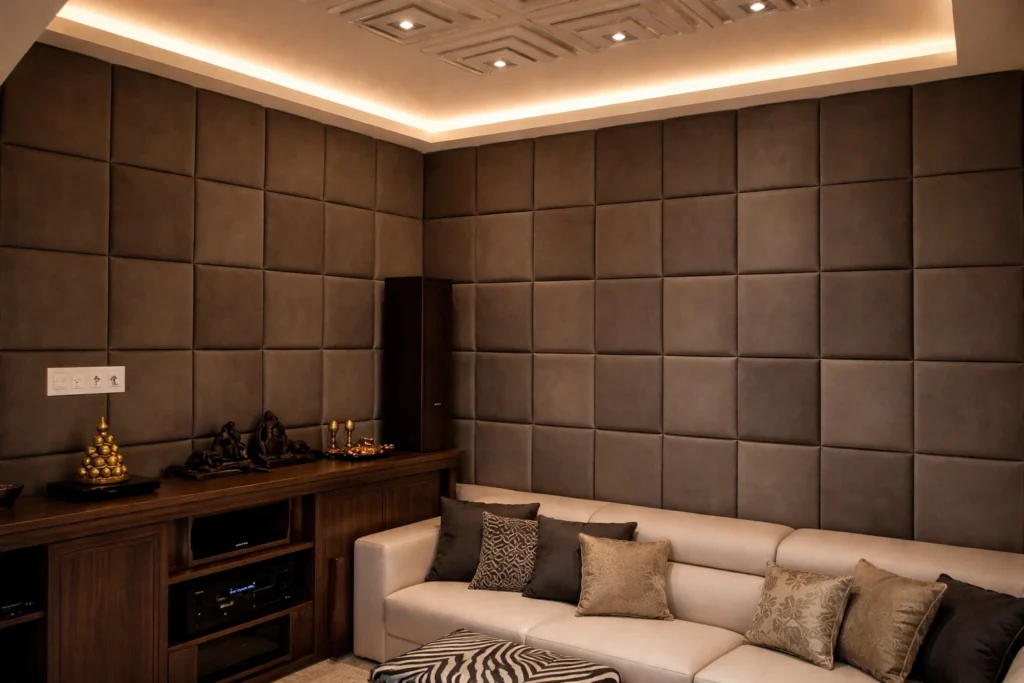 جدار عازل للصوت بتنجيد مربعات كبيرة مع سقف جبس بإضاءة محيطية وكنبة زاوية