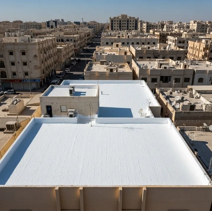 سطح مبنى معزول بالكامل بمادة عزل بيضاء عاكسة للحرارة في حي سكني